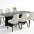 Black Rectangular Dining Table Set With Six Beige Chairs And Green Plant Vase 3d model