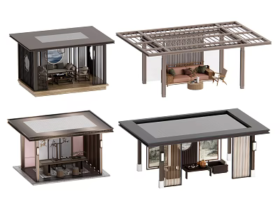 Modern Landscape Pavilion Designs With Wooden Frames Glass Roofs And Seating Areas 3d model