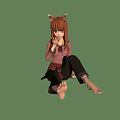 Anime Girl With Fox Ears Sitting In Pink Top Black Pants Barefoot On Green Background