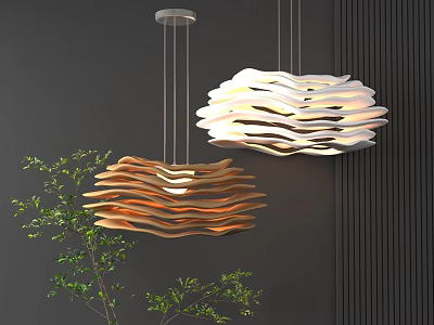Wave Shaped Layered Wooden White Pendant Light In Dark Wall Interior With Green Plant Decor 3d model