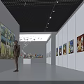 Art Gallery Exhibition Space With Paintings On Walls Central Display Stand And Ceiling Lighting