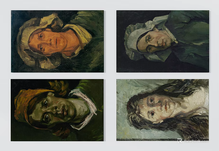 Artistic Female Head Portrait Oil Paintings With Vintage Expressions And Headwear 3d model 