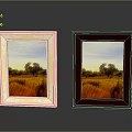 Gold And Red Picture Frames With Ornate Design Holding Landscape Painting Of Field And Trees