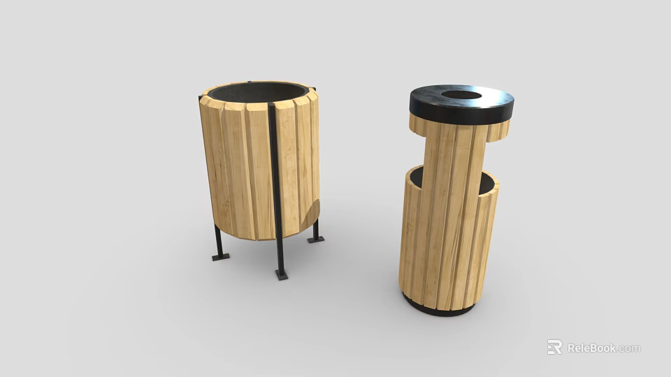 Wooden Roadside Trash Bins With Metal Accents For Public Road Facilities 3d model 