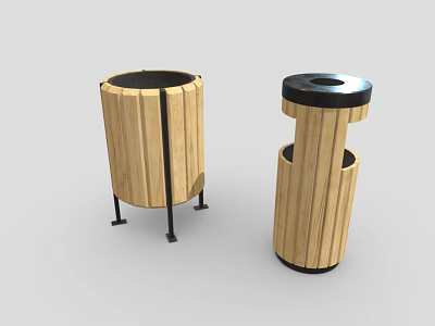 Wooden Roadside Trash Bins With Metal Accents For Public Road Facilities 3d model