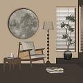 Leisure Chair With Round Moon Wall Art Floor Lamp Side Table And Bamboo Plant