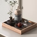 Classic Tea Set With Brown Teapot Gray Container And Potted Plant On Wooden Tray