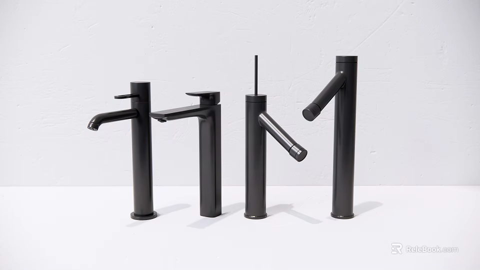 Four Black Faucets Shown On White Countertop With White Wall Background 3d model 
