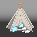 Cozy Teepee Tent With White Striped Canvas And Star Shaped Pillows In Blue And White