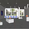 Modern Café Interior With White Furniture Blue Chairs And Abstract Art