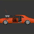 Red Racing Car With Open Hood Doors Exposed Engine Number 74 And MCS Logo