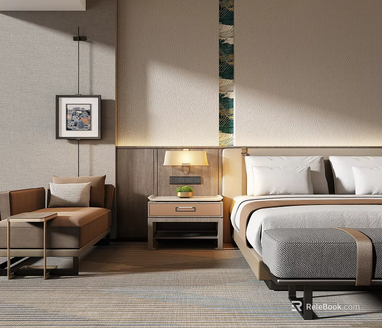 Modern Hotel Guest Room Interior With King Bed Wooden Nightstand Accent Chair And Decorative Painting 3d model 