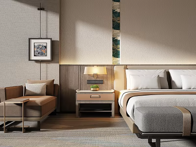 Modern Hotel Guest Room Interior With King Bed Wooden Nightstand Accent Chair And Decorative Painting 3d model