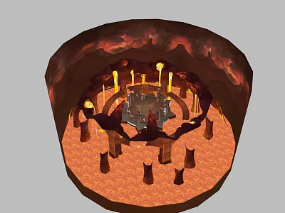 Cartoon Style Volcanic Cave Scene With Lava Ground Central Structure Torches And Pillars 3d model