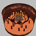 Cartoon Style Volcanic Cave Scene With Lava Ground Central Structure Torches And Pillars