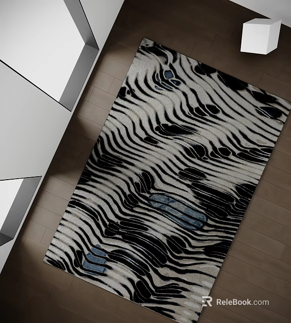 Square Rug With Black And White Striped Pattern And Blue Accent Spots On Wooden Floor 3d model 
