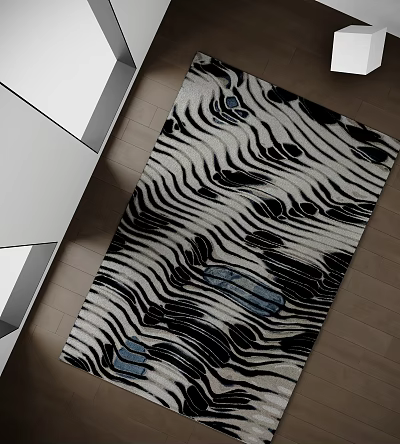 Square Rug With Black And White Striped Pattern And Blue Accent Spots On Wooden Floor 3d model