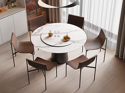 Modern Round Dining Table Set With Marble Top Six Leather Chairs And Metal Legs 3d model