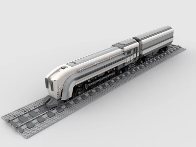 Detailed Building Blocks Train Model with Silver Streamlined Design on Railway Track 3d model