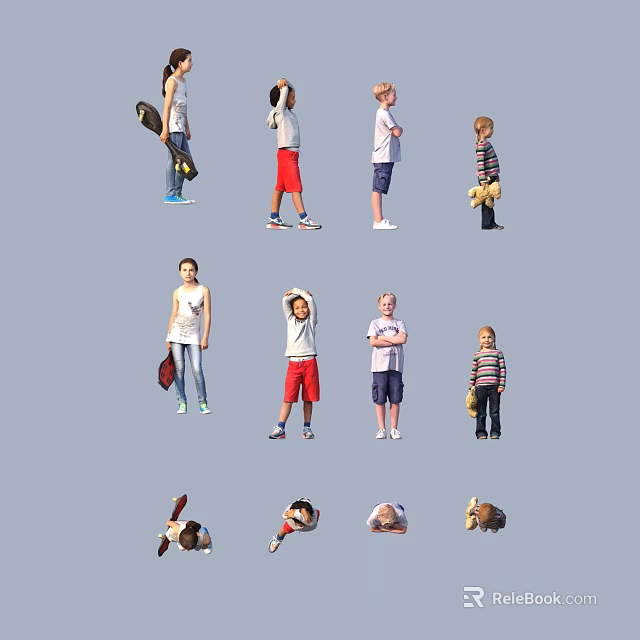 Group of People in Various Poses Holding Skateboard Basketball and Bags 3d model 