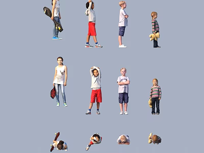 Group of People in Various Poses Holding Skateboard Basketball and Bags 3d model