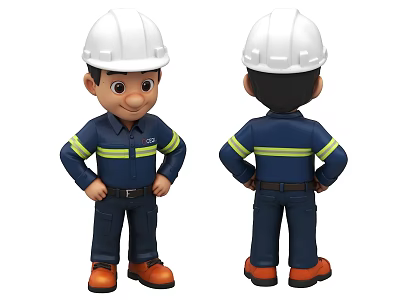 Game Movie Character With White Hard Hat Dark Blue Uniform Yellow Reflective Stripes Orange Shoes 3d model