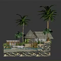 Tropical 3D Island Model With Thatched Huts Palm Trees Boat Sand And Water