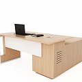 Modern Wooden Office Desk With Side Cabinets Shelves And Laptop On Top