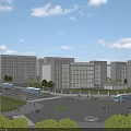 Modern Office Buildings Complex With Trees Parking Area And Pedestrians Under Blue Sky