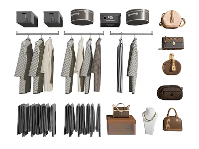 Fashionable Clothes Hanging with Various Stylish Bags and Storage Boxes 3d model