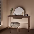 Minimalist Dressing Table Design With Round Rattan Mirror Wooden Frame And Patterned Stool 3d model
