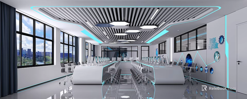 Modern School Computer Lab Classroom With Bright Lighting Large Windows And Modern Workstations 3d model 