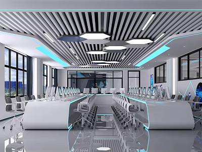 Modern School Computer Lab Classroom With Bright Lighting Large Windows And Modern Workstations 3d model