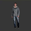 Gray Hooded Jacket And Blue Jeans On Man Walking Against Gray Background