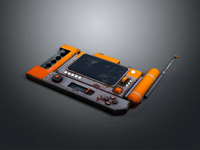 Rusty Vintage Mechanical Weapon With Gray Orange Frame Screen Buttons And Cylindrical Barrel 3d model
