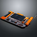 Rusty Vintage Mechanical Weapon With Gray Orange Frame Screen Buttons And Cylindrical Barrel