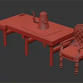 Vintage Wooden Table And Red Leather Chair With Button Detail And Teapot Decor