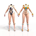 Fashionable Women's Bodysuits With Black Orange Accessories And Footwear On Mannequins