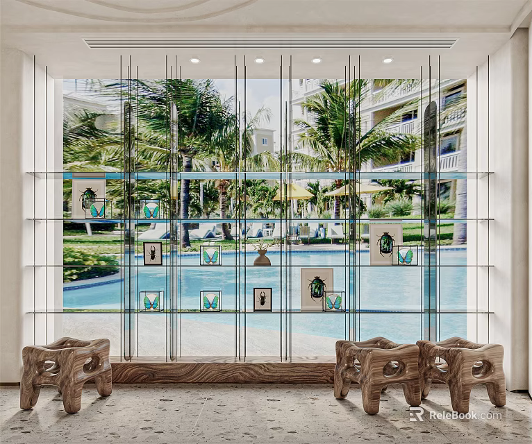 Stylish Decorative Cabinet With Glass Doors And Shelves Showcasing Outdoor Palm Trees And Pool View 3d model