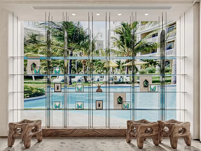 Stylish Decorative Cabinet With Glass Doors And Shelves Showcasing Outdoor Palm Trees And Pool View 3d model
