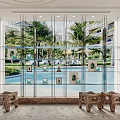 Stylish Decorative Cabinet With Glass Doors And Shelves Showcasing Outdoor Palm Trees And Pool View