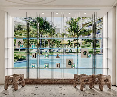 Stylish Decorative Cabinet With Glass Doors And Shelves Showcasing Outdoor Palm Trees And Pool View 3d model