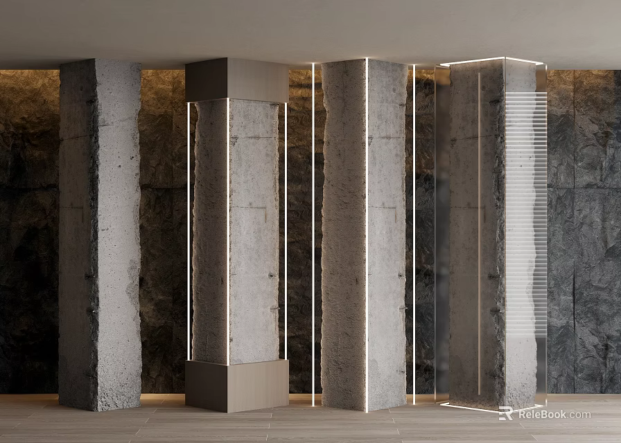 Textured Concrete Columns With LED Lighting In Modern Interior Design 3d model 