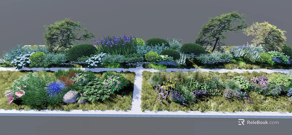 Diverse Garden Shrubs With Colorful Flowers Greenery And Stone Pathway 3d model 