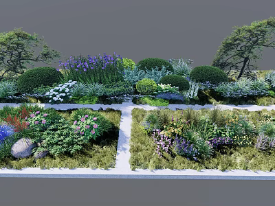 Diverse Garden Shrubs With Colorful Flowers Greenery And Stone Pathway 3d model