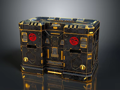 Black and Gold Box with Intricate Mechanical Design Red Emblems and Gold Accents 3d model