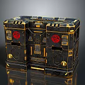 Black and Gold Box with Intricate Mechanical Design Red Emblems and Gold Accents