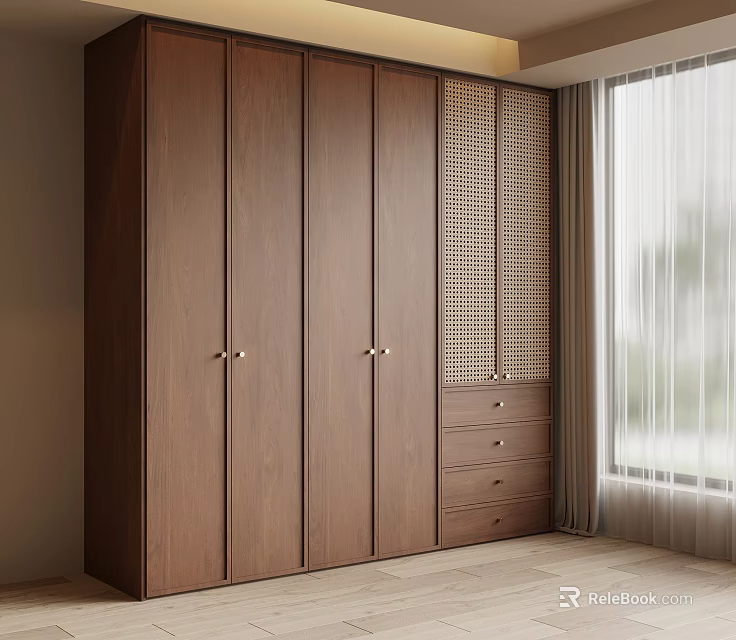 Modern Wooden Wardrobe With Hinged Doors Metal Handles Rattan Panel And Drawers 3d model 