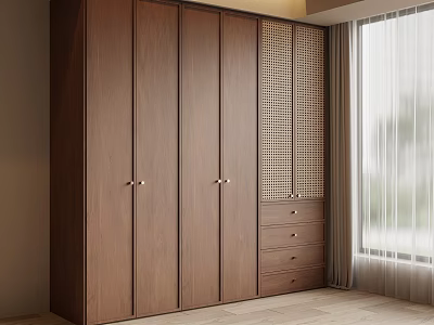 Modern Wooden Wardrobe With Hinged Doors Metal Handles Rattan Panel And Drawers 3d model