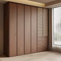 Modern Wooden Wardrobe With Hinged Doors Metal Handles Rattan Panel And Drawers